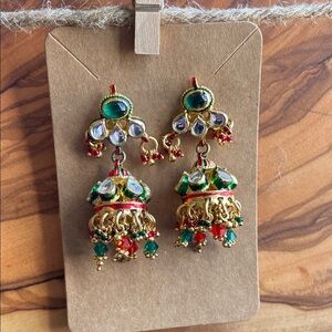 Vibrant Gold and Green Jhumka Earrings